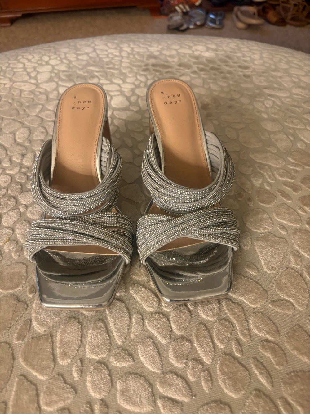 a new day Silver Braided Strappy Block Heel Mules